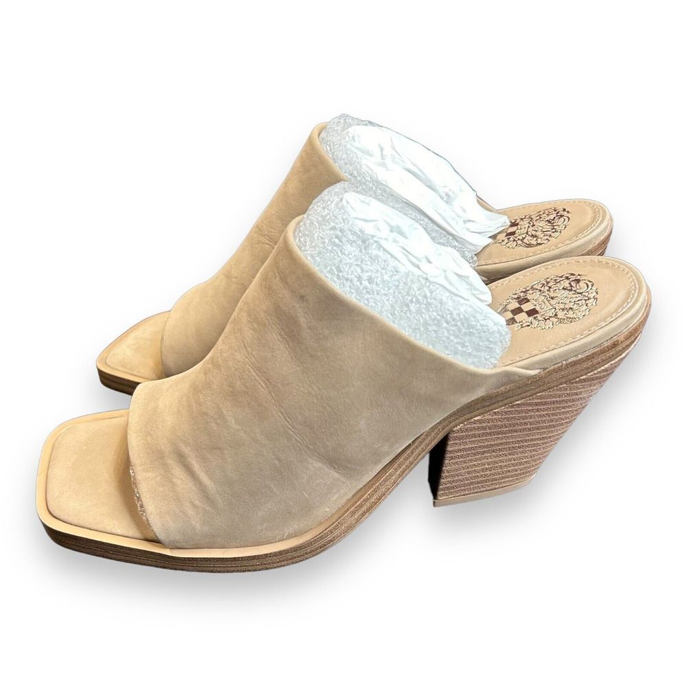 Vince Camuto Sempela Truffle Taupe Leather High Heel Slip On Mule Sandal Size 8M